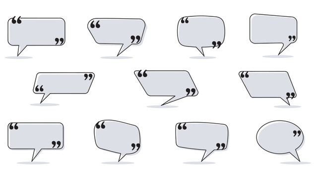 Set of grey speech bubble frames with quote marks for customer testimonials vector design isolated on transparent background