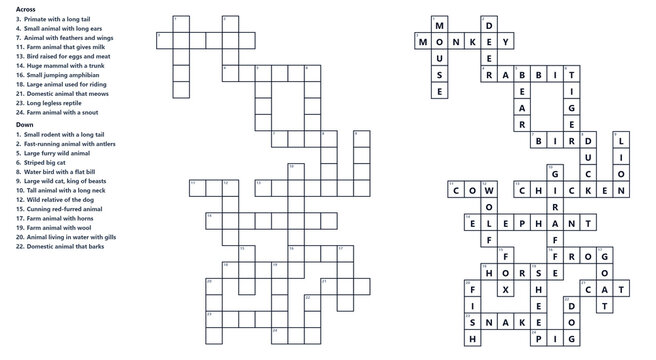 Crossword puzzle grids with clues and answer layout on the topic of the Animals
