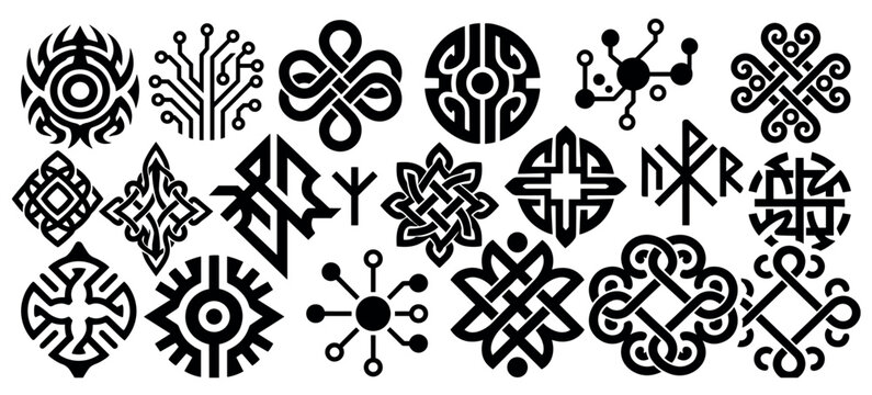 Diverse set of black graphic symbols combining ancient tribal patterns, Celtic knots, Norse runes, and futuristic technology icons in a minimalist design collection
