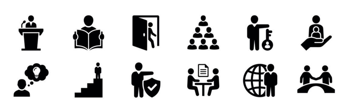 Black glyph icon set representing business concepts like career growth, leadership, partnership, and personal development for corporate presentations and user interface design