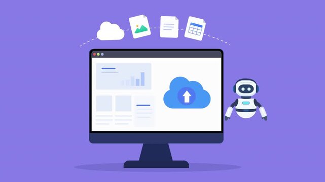 Animated flat dashboard interface with cloud upload feature, desktop monitor, floating media icons, and a friendly robot assistant in a modern technology workspace.