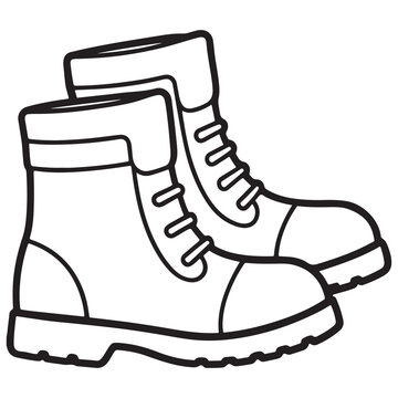Line drawing of a pair of boots with laces and rugged soles for hiking or work  isolated on white background