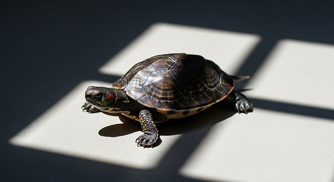 Turtle with Dark Shell Walking on Lightly Shadowed Floor