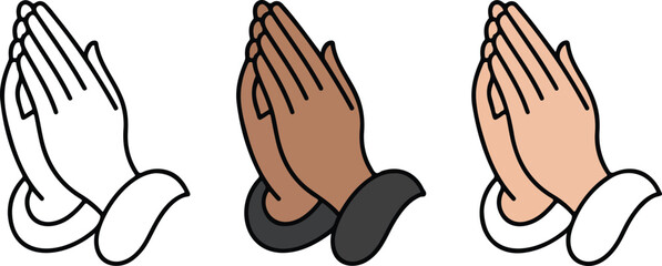 Obraz premium Minimalist praying hands vector illustration set with diverse skin tones and line art style for spiritual and religious design themes