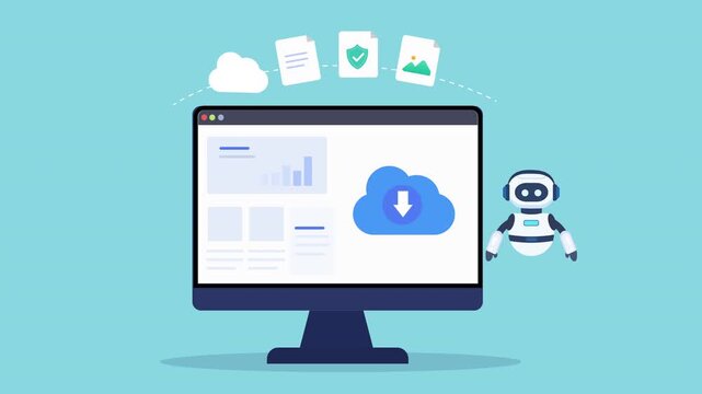 Animated flat dashboard interface featuring cloud storage, desktop workspace, floating media icons, and a friendly robot assistant in a modern technology scene.