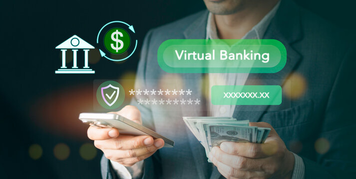 Businessman using a digital virtual banking application on his smartphone for secure online finance management. Concept of fintech, cyber security, and decentralized digital currency systems.