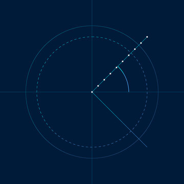 Abstract blue technical engineering blueprint with circular geometric shapes and mathematical data points on navy illustration