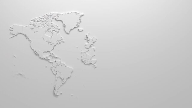 Minimal white 3D world map animation where countries appear sequentially from left to right, gradually forming the complete political map of the world against a light background.