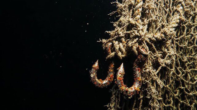 Rusty metal fishing hook attached to a braided net submerged in dark water. Underwater view of abandoned marine debris. Ecological impact of pollution in ocean