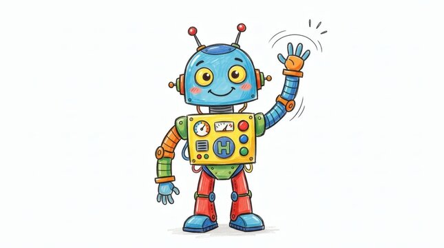 Friendly cartoon robot with a cheerful smile waving hello, isolated on a clean white background, perfect for children's designs