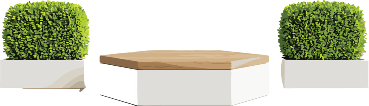Hexagonal Wooden Podium and Minimalist Planter Set Vector for Product Display Scene Mockups Outdoor Event Furniture and Landscape Architecture Graphics