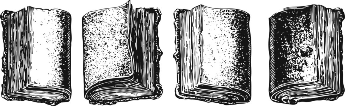 vintage old book illustrations antique hardcover books with worn pages in various angles drawing engraving set