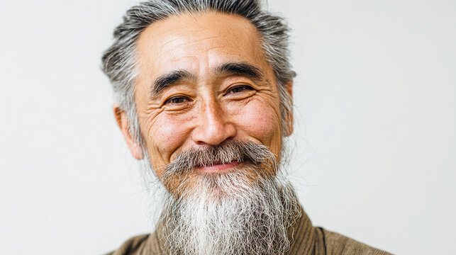 Portrait of a happy senior Asian man with a long grey beard and kind smile, isolated on a white background, professional headshot for corporate diversity, aging gracefully and retirement concepts