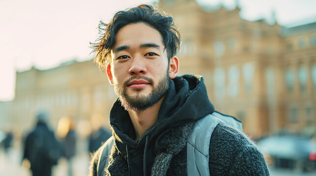 Portrait of a handsome young Asian man with a stylish beard and modern hoodie standing outdoors in a city, natural soft lighting, urban lifestyle photography, authentic candid male expression