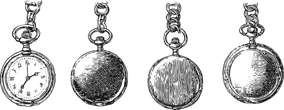 Vintage pocket watches set with chains antique timepiece collection, classic retro design, engraved metal case illustration