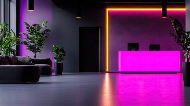 Modern interior space features vibrant neon lighting illuminating a reception desk and seating area