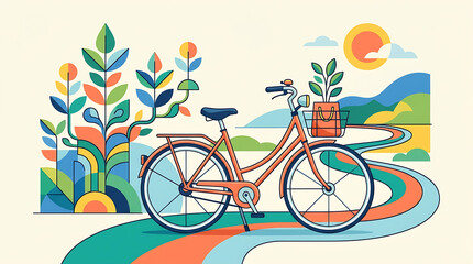 Fototapeta premium Scenic world bicycle day art with a bike on a winding path