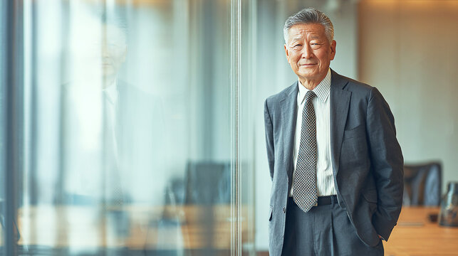 A confident and successful senior Asian businessman standing in a modern corporate office, wearing a professional suit and tie, exuding leadership, experience, and wisdom for business concepts.