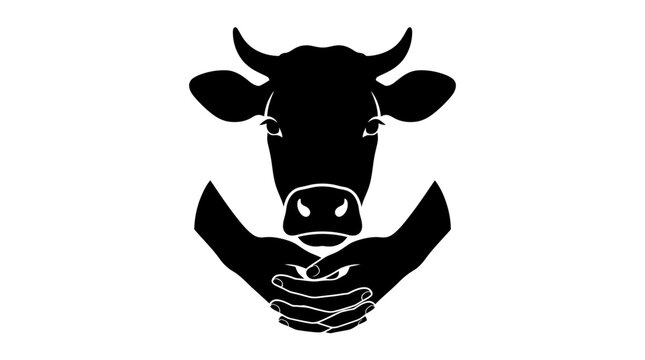 Black cow head in human hands.
