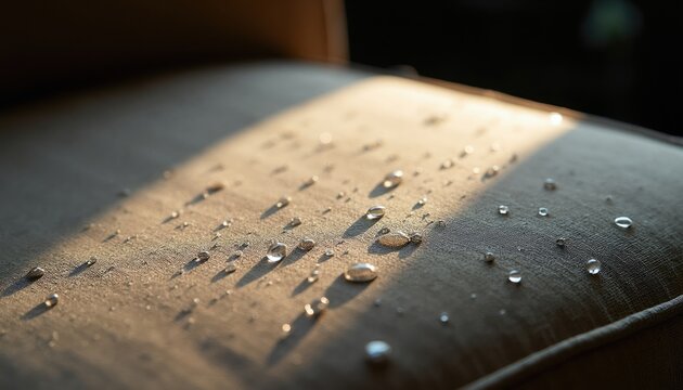 Water drops sit on a woven fabric surface. The material seems to repel liquid creating a barrier. This texture shows textile protection against moisture and stains.