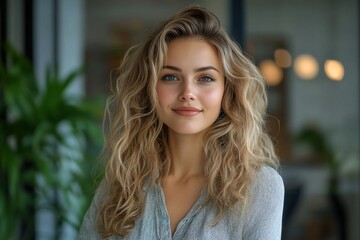 Obraz premium Beautiful young woman with long, curly blonde hair and blue eyes smiles gently at the camera in a softly lit indoor setting.