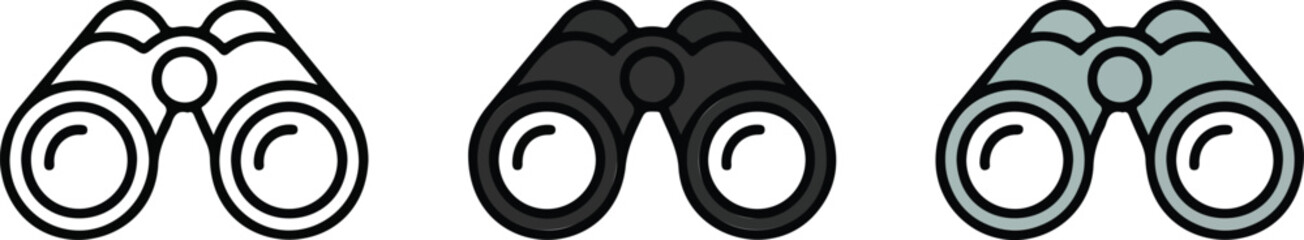 Minimalist binoculars icon vector illustration set featuring outline silhouette and colored versions for travel exploration and discovery design themes © DIPU