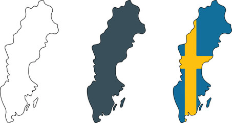 Sweden map vector illustration set featuring line outline solid silhouette and national flag colors for scandinavian design themes © DIPU