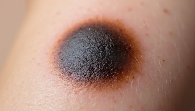 Macro view of a dark irregular mole on human skin. Shows uneven borders and dark brown to black pigment variations. Focus on health, dermatology, and skin condition.