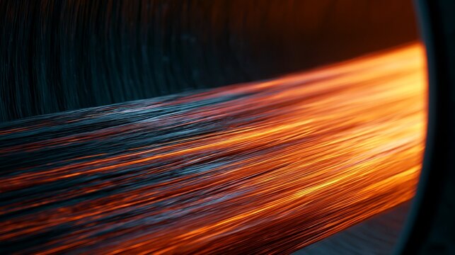 Medium shot of continuous carbon fiber carbonization process inside a long furnace line under inert atmosphere showcasing fiber bundles transforming with controlled heat.