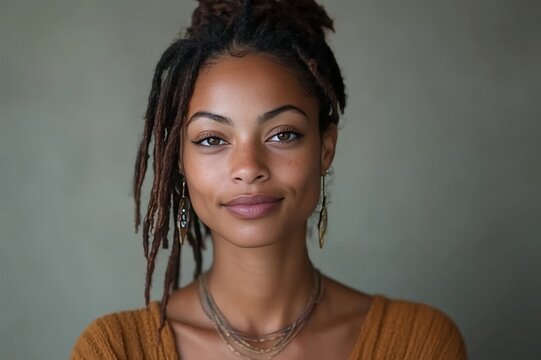 Close-up portrait of a beautiful black woman with dreadlocks and expressive eyes looks directly at the camera with a subtle smile.