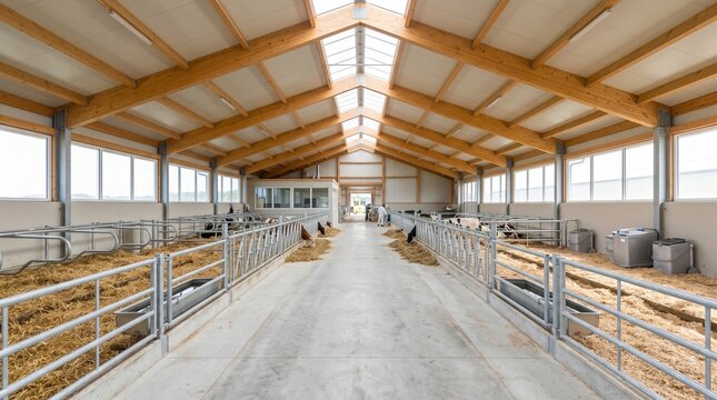 Modern barn interior, clean and bright, showcasing advanced design for livestock health and biosecurity, essential for mitigating environmental risks including hantavirus
