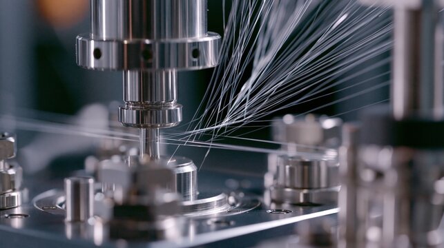 Medium shot of polymer fibers being carefully extruded in a lab setting highlighting precise control during carbon fiber precursor spinning for pilotscale production.