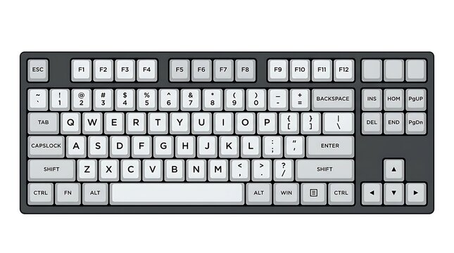Computer keyboard, black and white keyboard, QWERTY layout, office typing keys