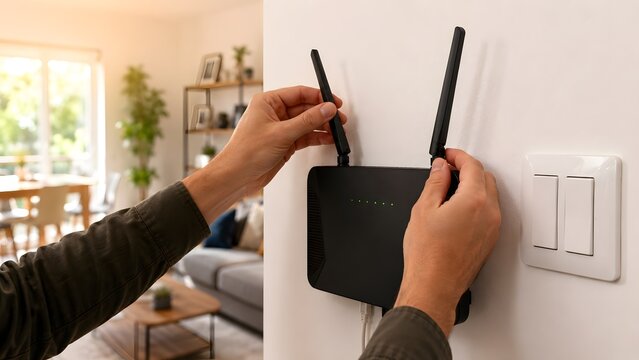 Person installing WiFi router on wall in modern home for internet connection wireless network setup smart technology and broadband installation concept