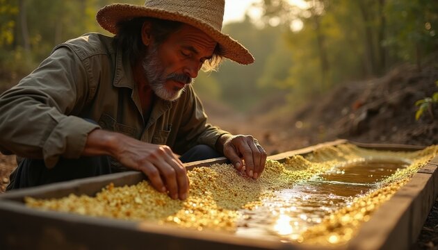Man with straw hat works with gold sluice pan in forest. Rural gold mining scene shows weathered hands sorting gravel, searching for treasure with water and small stones. Authentic artisan craft.