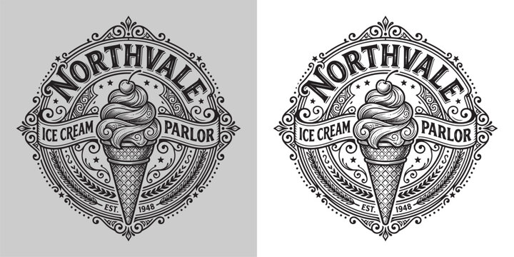 Vintage Vintage Ice Cream Parlor Logo Design with Soft Serve Cone and Cherry on Top