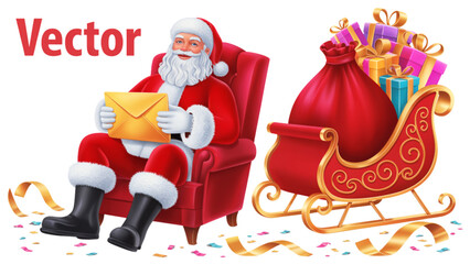 Santa claus and vector reindeer delivering presents with cheerful holiday decorations Vector © MDSOPON