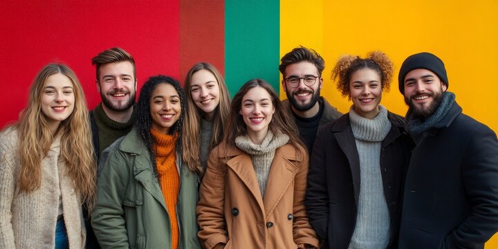 Diverse group of young adults stands together in front of a vibrantly colored wall, all smiling and looking at the camera.