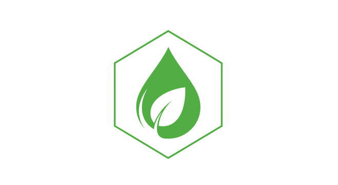 Green leaf inside a water drop and hexagon logo symbol.