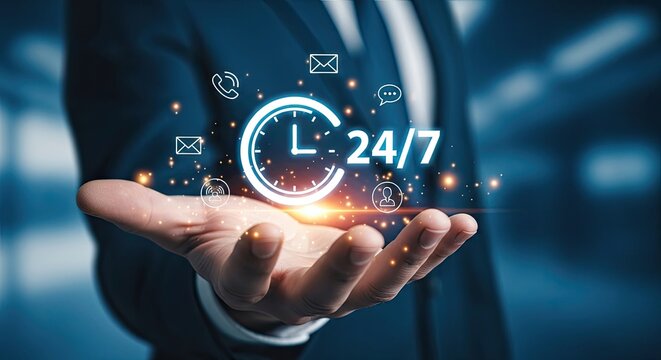 Businessman holding hand palm up with 24/7 service icons and clock floating above, representing customer support and availability