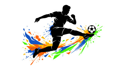 Fototapeta premium A soccer player kicks a ball with colorful splashes around him in a stadium