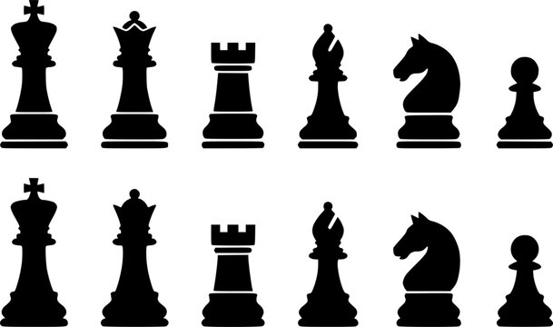 Black and white chess pieces illustration with simple design on transparent background silhouette
