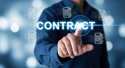 Fototapeta premium Businessman interacting with a digital contract interface on a futuristic screen with glowing documents