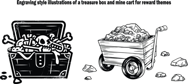 Engraving illustrations of a pirate treasure chest with bones and a mine cart brimming with gold coins
