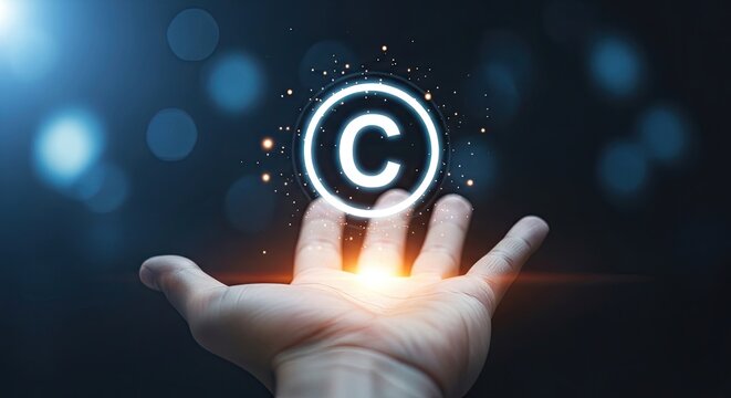 Hand holding glowing copyright symbol with white outline on dark background with bokeh lights and sparks