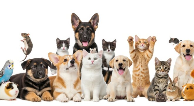 Diverse Collection of Domestic Pets: Puppies, Kittens, Birds, and Rodents Sitting Together on White