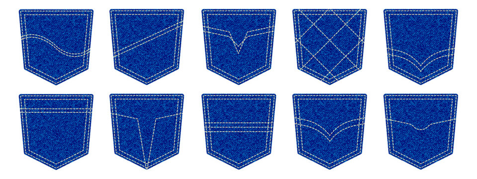 Blue denim jeans back pocket vector set with various stitching designs