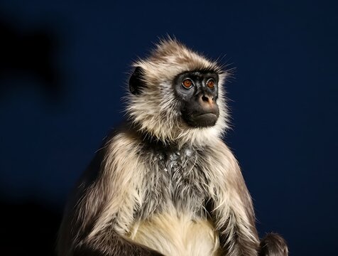 Thoughtful gray langur monkey looking aside against a blue background