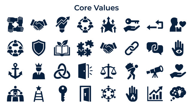 Collection of modern flat icons representing business concepts and core values like teamwork trust growth and success