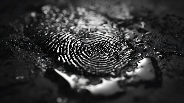 A close-up, high-contrast, black and white image of a fingerprint embedded in a dark, wet substance